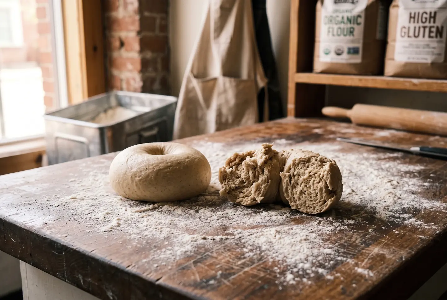 A firm bagel dough ball on a floured counter beside a torn piece showing the dense low-hydration structure