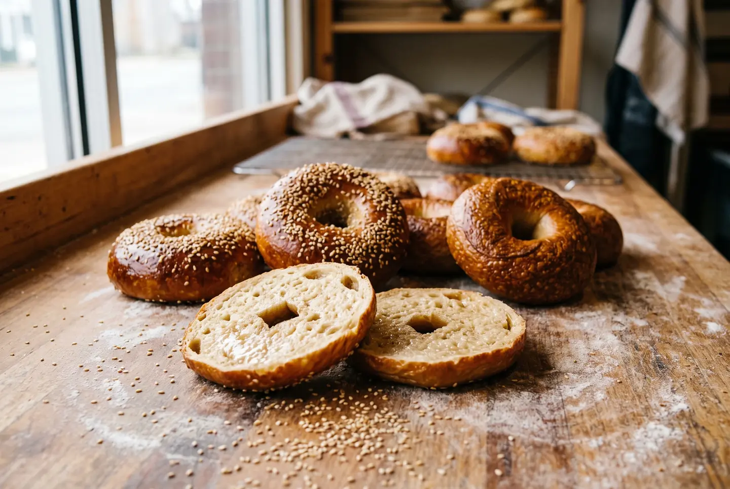 Round holed breads on a floured wooden counter, deep glossy crust, some coated in sesame seeds, one cut in half showing a dense tight crumb, with a cooling rack of more behind