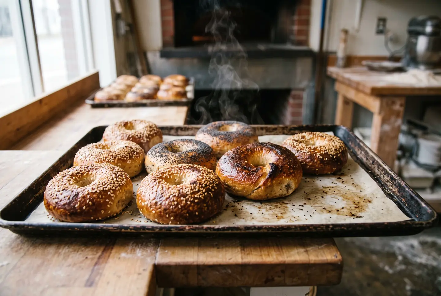A tray of glossy sesame and poppy bagels fresh from the oven, deep golden crust catching the light, steam rising off the surface