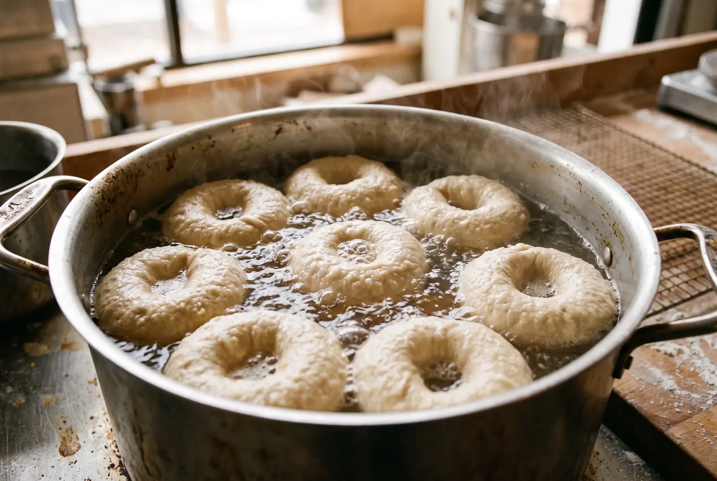 Several bagel rings floating in a wide pot of gently simmering amber water with small bubbles and rising steam, during the boil