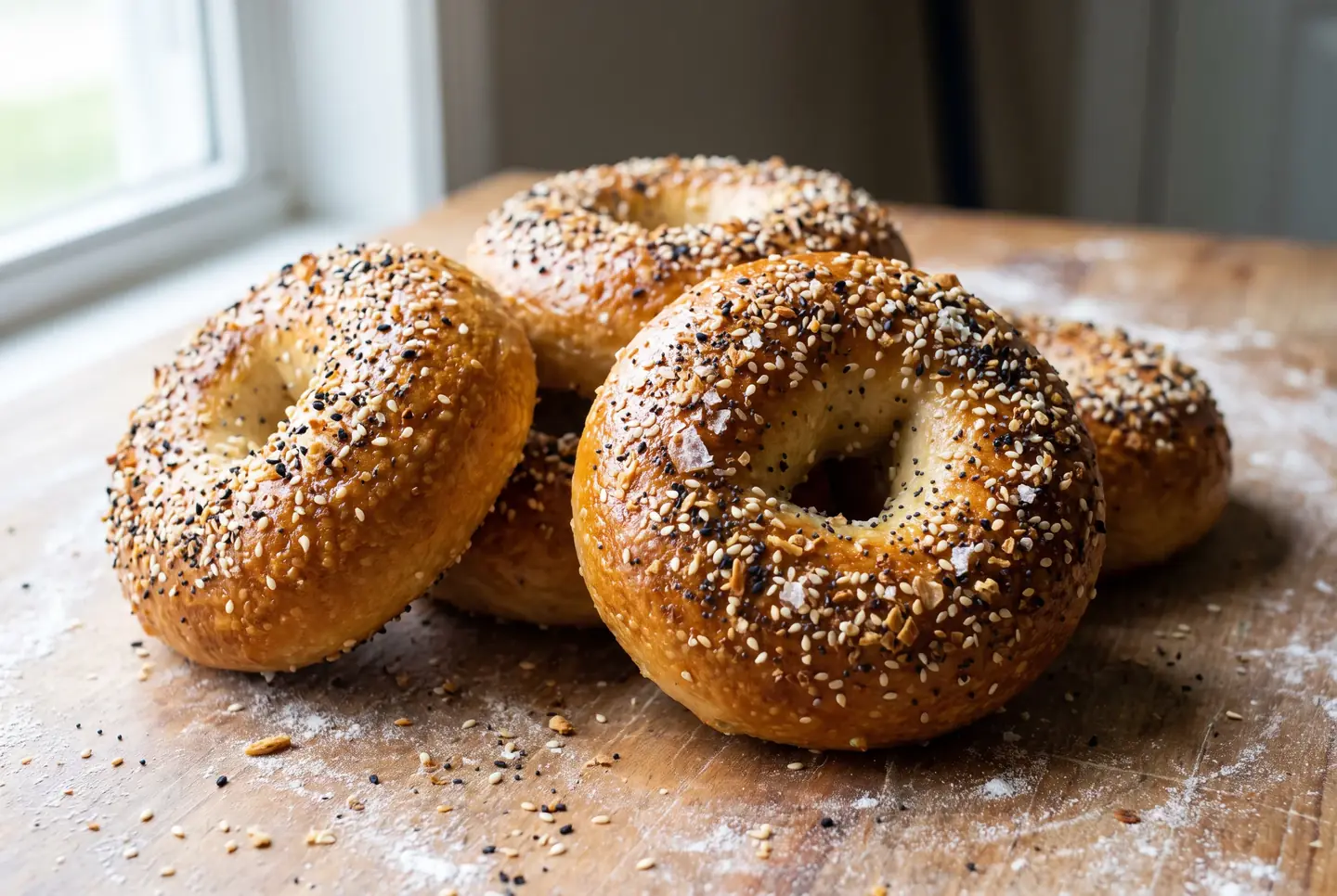 Une pile de bagels tout juste cuits sur un plan de travail en bois fariné, leur croûte brillante couverte de sésame blanc et noir, de graines de pavot, d'ail et d'oignon séchés en flocons et de cristaux de sel, avec des graines éparpillées autour