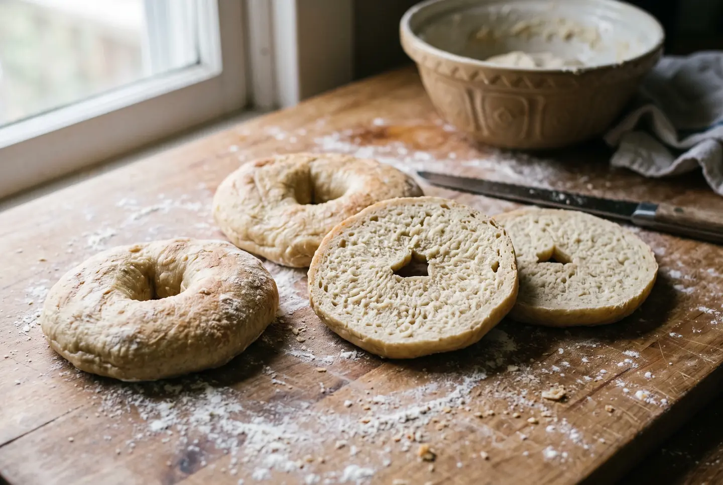Cuatro bagels caseros pálidos y aplastados sobre una encimera de madera enharinada, uno cortado por la mitad muestra una miga apretada y densa, junto a un bol con masa.