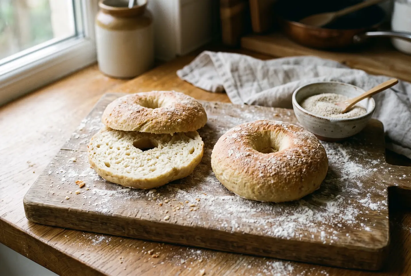Two pale golden bagels on a floured wooden board, one whole with a neat open ring and one split to show a soft even crumb, a bowl of psyllium husk beside them
