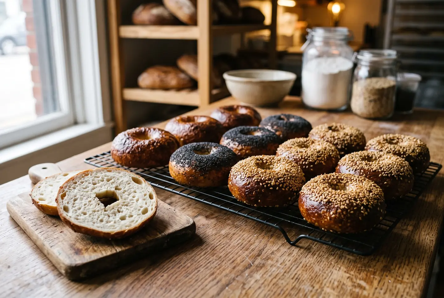 New York style bagels cooling on a wire rack, plain, poppy and sesame, one sliced open to show the dense chewy crumb