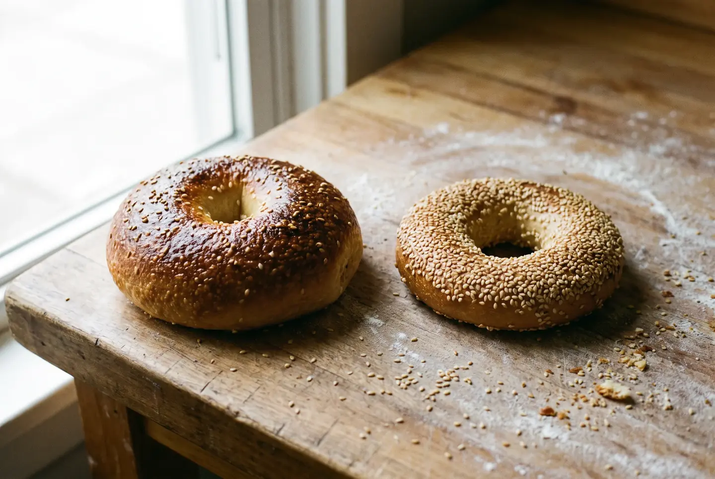 Due bagel affiancati su un tavolo di legno infarinato accanto a una finestra: a sinistra uno più grande e gonfio, con foro piccolo e crosta scura e lucida; a destra uno più piccolo e piatto, con foro largo e aperto e una fitta copertura di sesamo