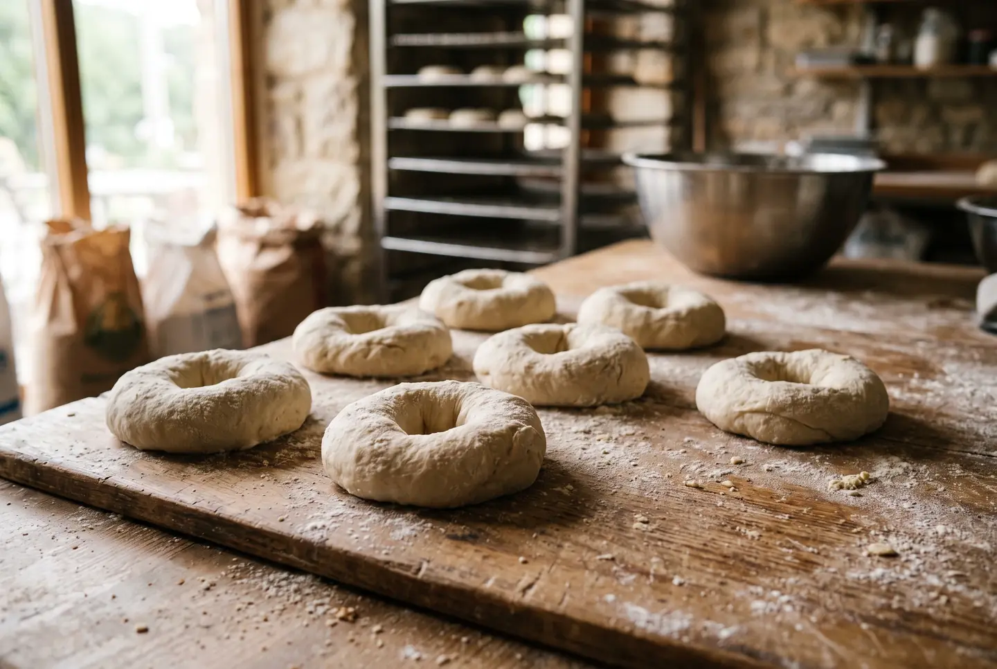 Several raw shaped bagel rings resting on a floured wooden board, each with an open center hole, before boiling, in window light