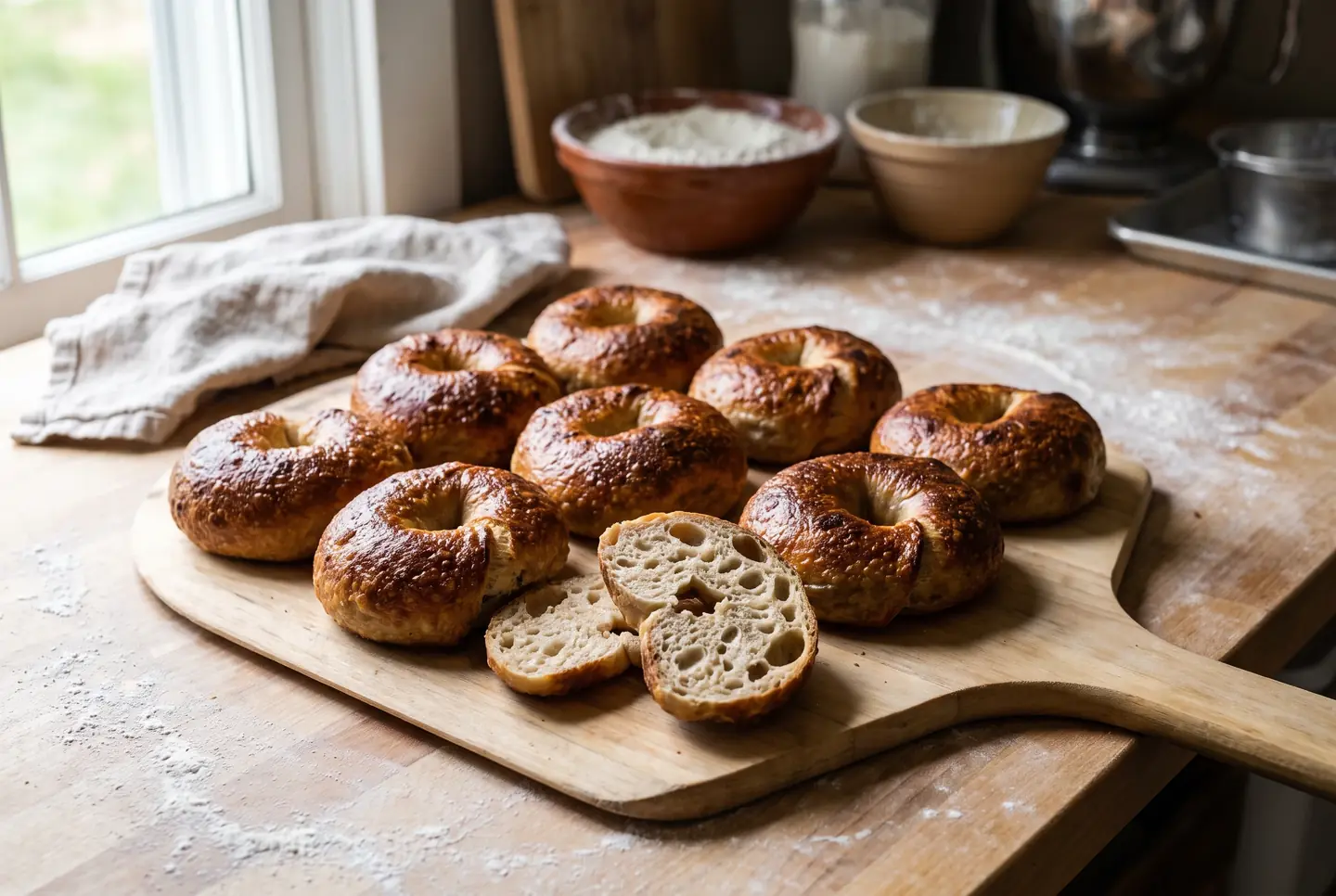 Una teglia di bagel ben dorati su un piano di legno infarinato, crosta lucida e bollosa, uno spezzato a mostrare una mollica fitta e gommosa con buchi irregolari