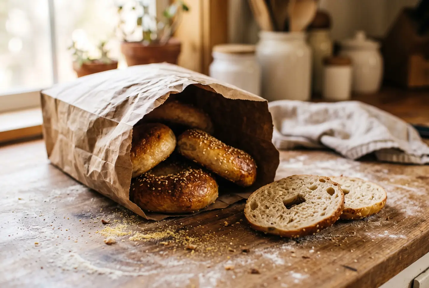 Golden bagels spilling from a brown paper bag lying on a floured wooden counter, two sliced halves beside it and ceramic jars in the background.