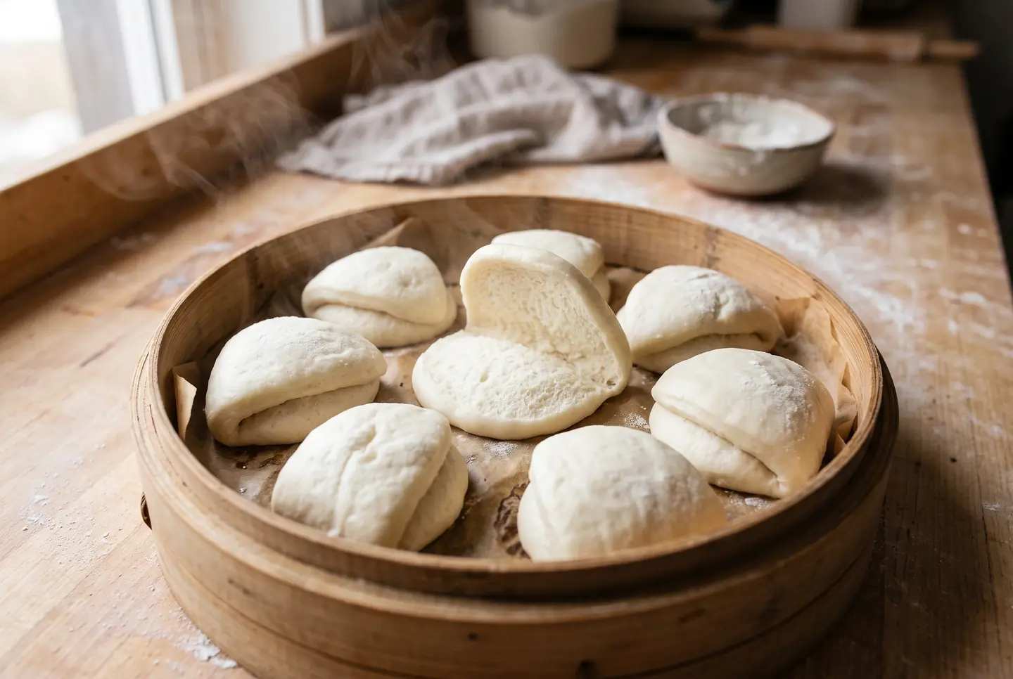 Snow-white, fluffy steamed buns folded into half-moons inside a round bamboo steamer lined with paper, one split open to show the soft pillowy crumb, on a floured wooden counter with steam rising