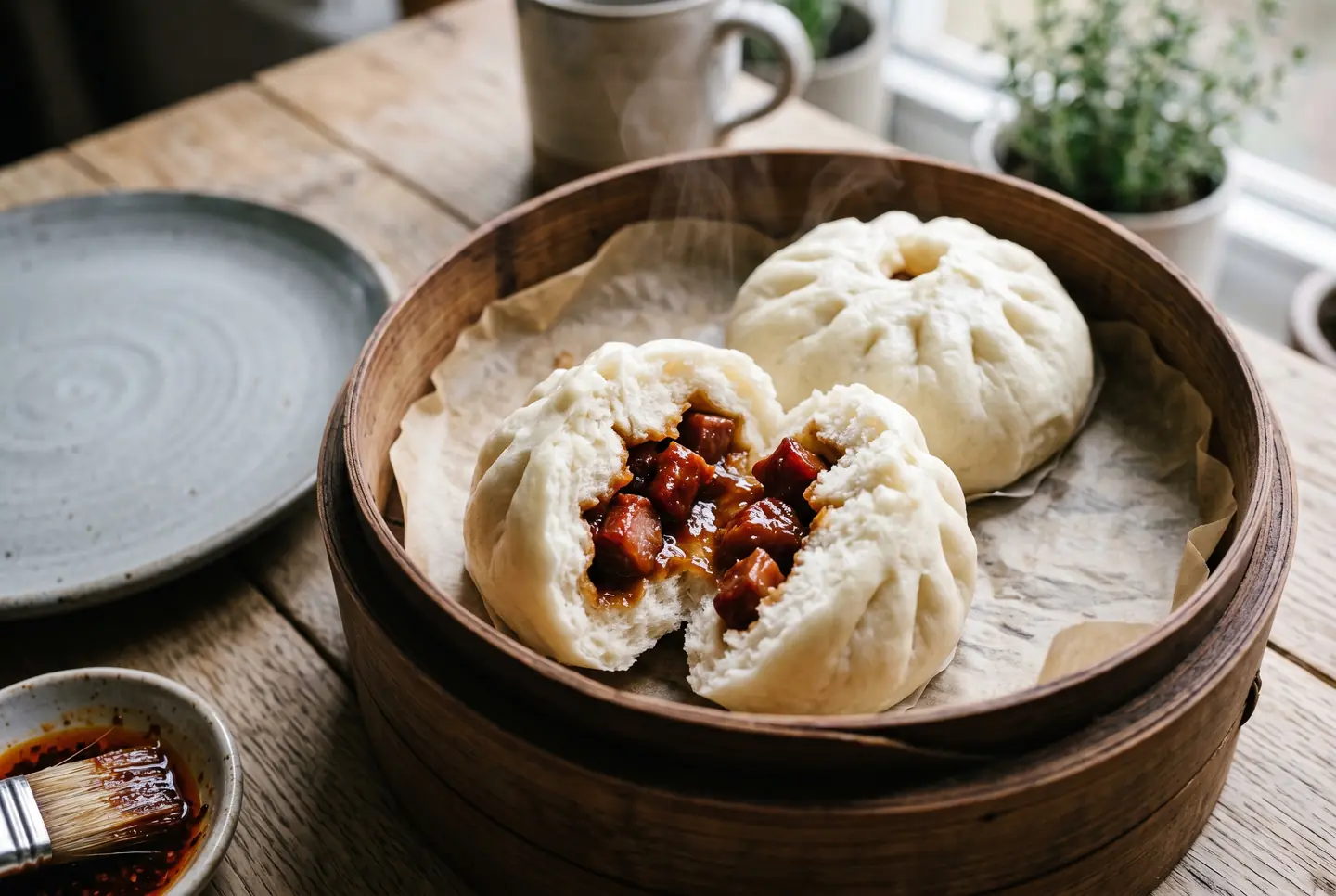 Two white steamed buns in a bamboo steamer: the front one split open to show glossy red-brown diced meat in a sticky sauce, the back one sealed with pleats on top, steam rising