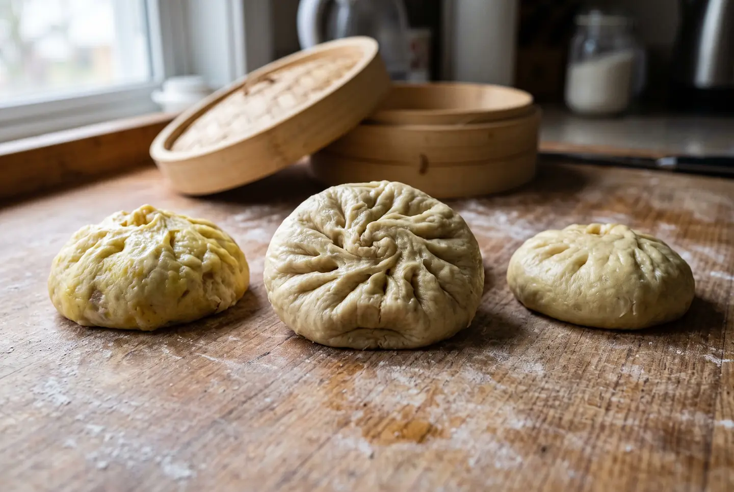 Three pale steamed buns on a floured wooden board, their tops wrinkled and shrunken; the left one yellowish and blotchy, the middle one collapsed into a puckered swirl, an open bamboo steamer behind by a window