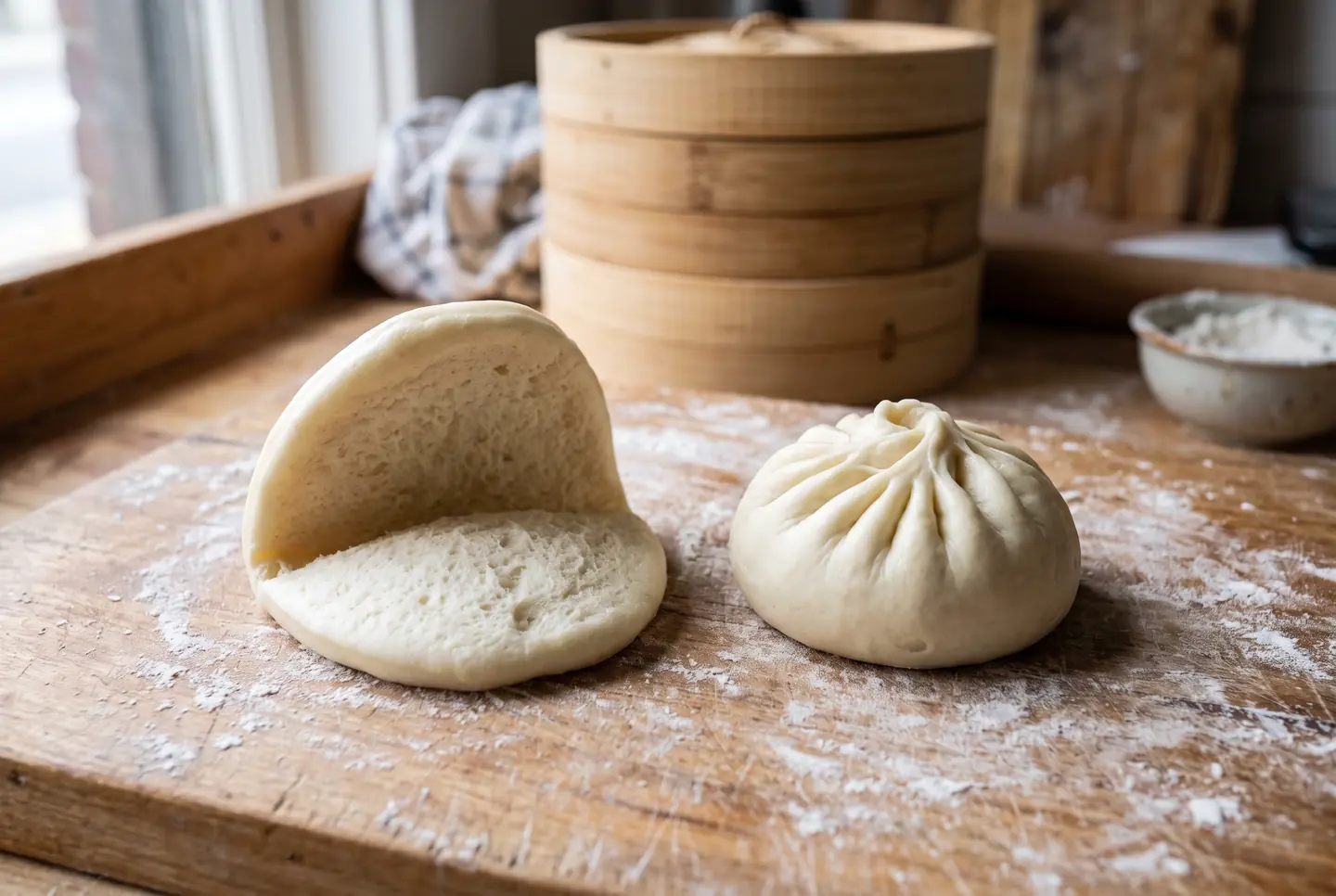 Two white steamed buns on a floured wooden board: on the left a gua bao folded open like a shell, showing its soft crumb, on the right a round baozi sealed with twisted pleats at the top; a bamboo steamer behind