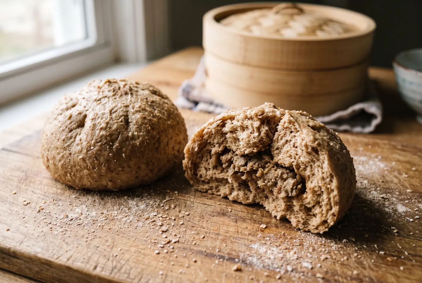 A tan wheat steamed bun and a second one torn in half, showing a dense crumb flecked with bran, on a floured board; a bamboo steamer behind by a window
