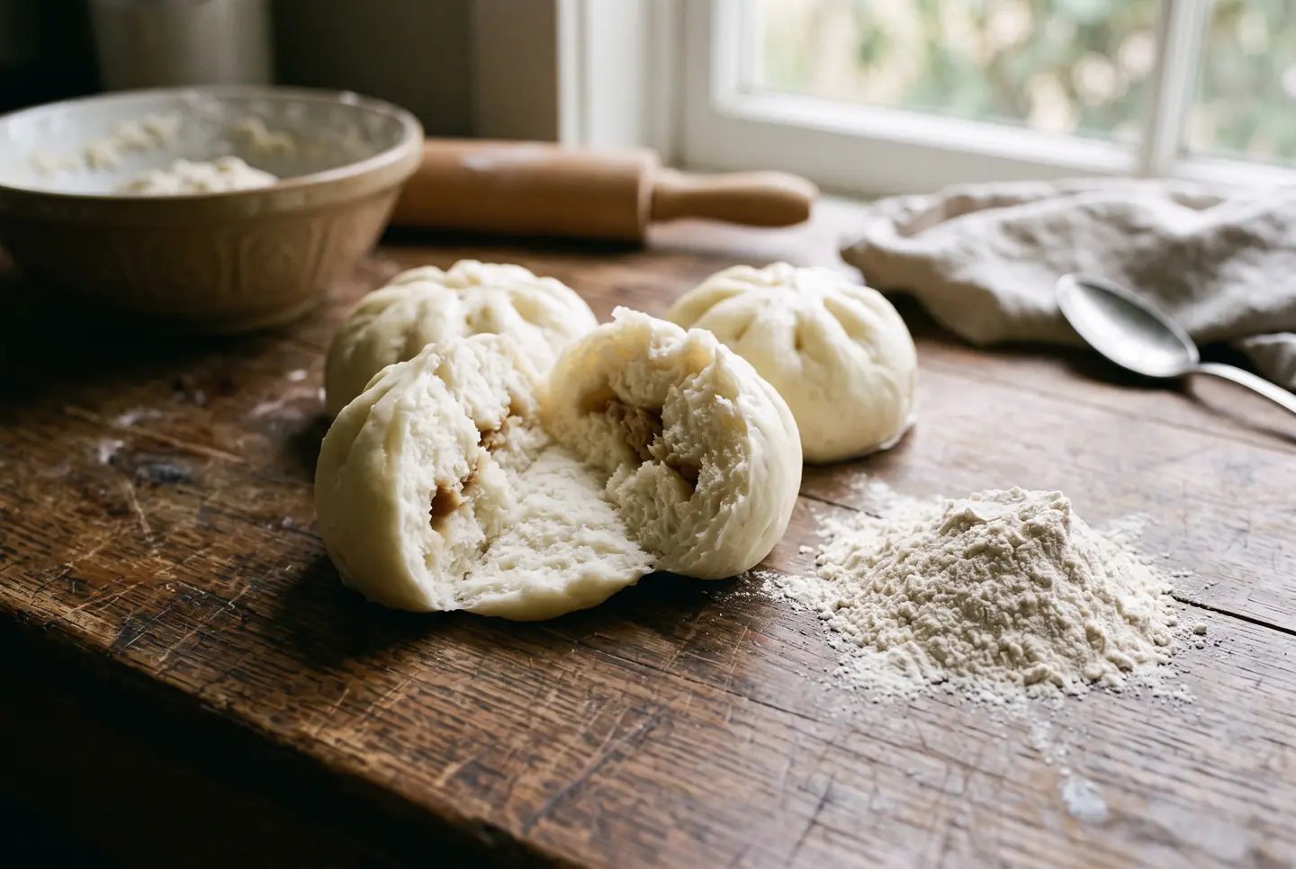Steamed buns on a wooden table, one broken in half to reveal a white, fluffy interior, beside a small mound of pale flour; a mixing bowl and a rolling pin sit in the background.