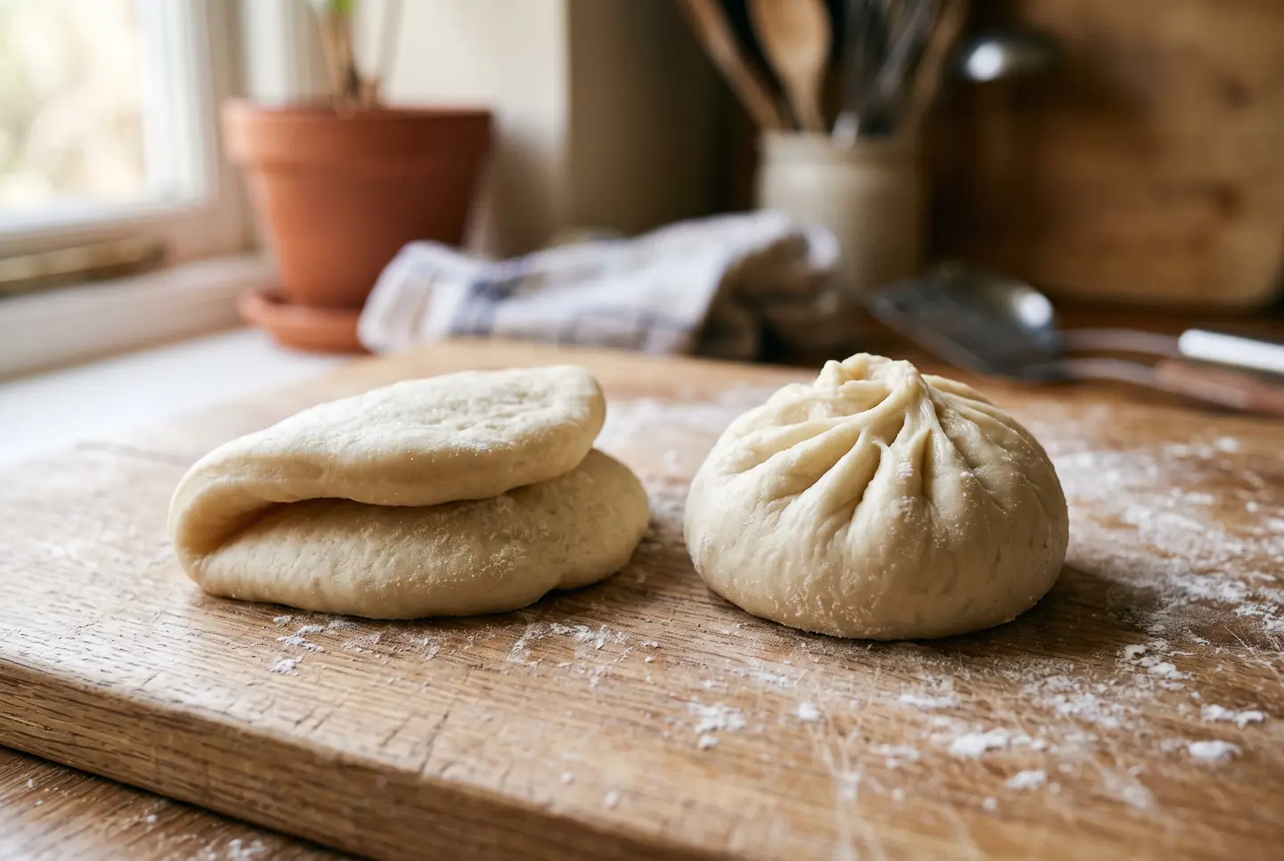 Two raw bao buns on a floured wooden board: on the left a gua bao folded over on itself like a shell, on the right a baozi sealed with small pleats twisted at the top