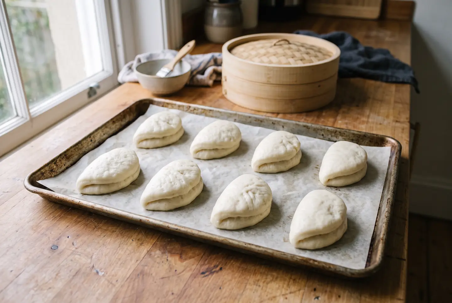 Several white half-moon folded bao buns spaced out on a parchment-lined baking tray on a wooden counter in window light; a bamboo steamer and a small bowl with a brush behind