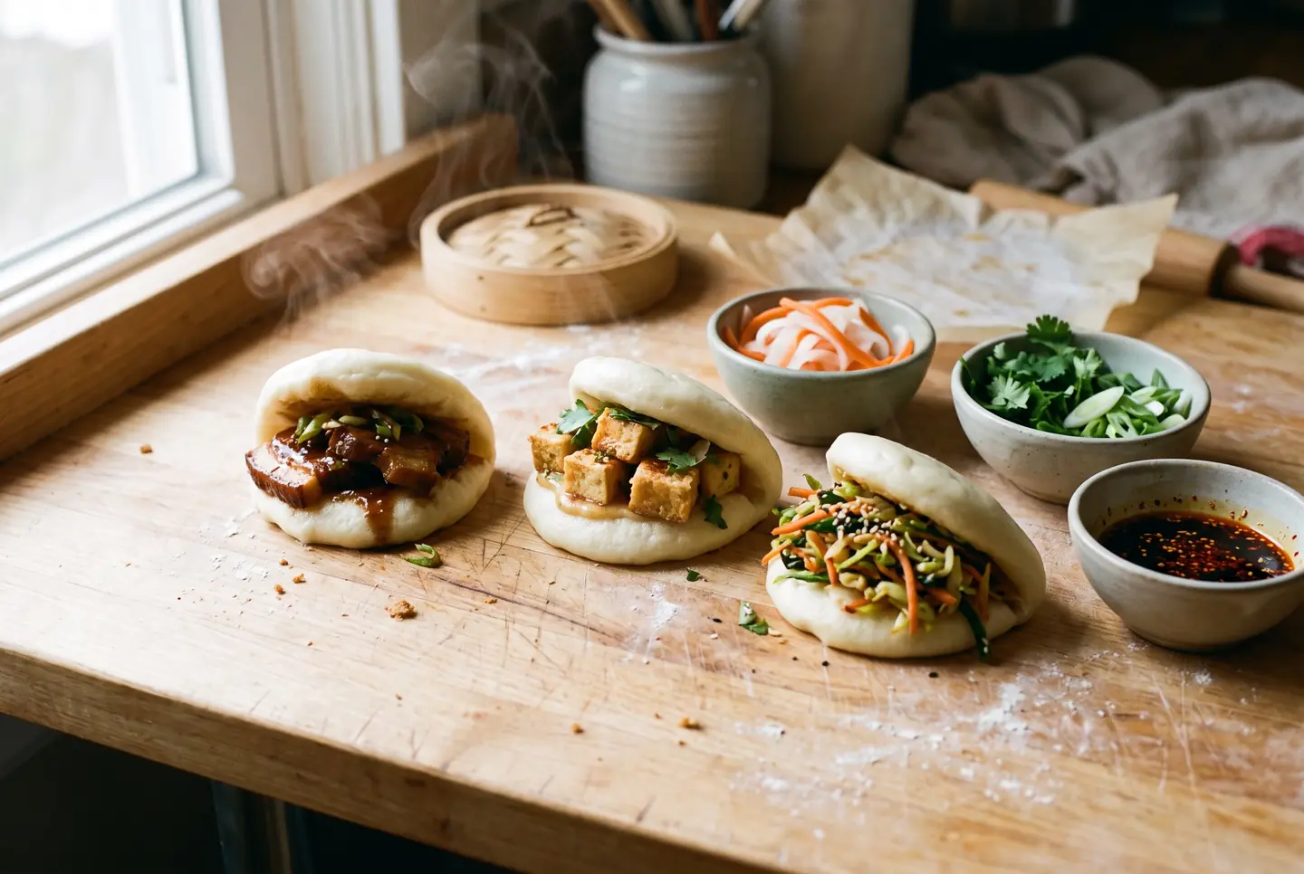 Three open steamed buns on a floured wooden counter, one holding glossy braised pork, one crisp tofu cubes with herbs, one shredded carrot and cabbage with sesame, beside small bowls of pickled daikon and carrot ribbons, chopped coriander and spring onion, and a dark chilli-soy sauce