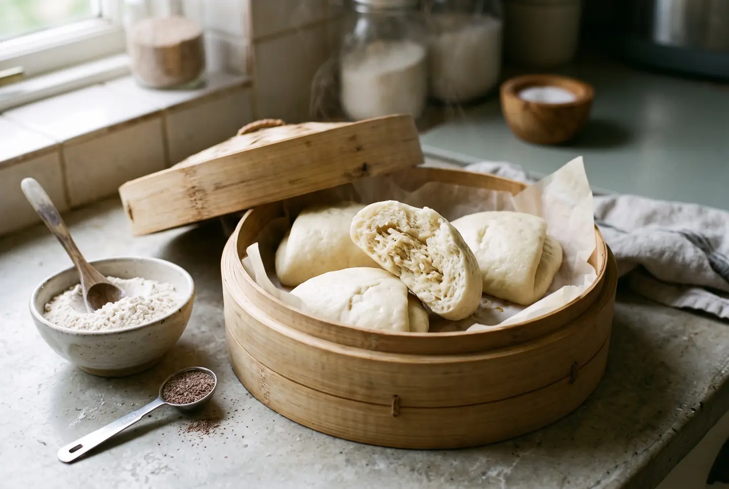 Pale folded steamed buns in a bamboo steamer, one torn open to show a soft but tight crumb, next to a small bowl of pale rice-and-tapioca flour blend and a measuring spoon of psyllium husk on a stone counter with steam rising
