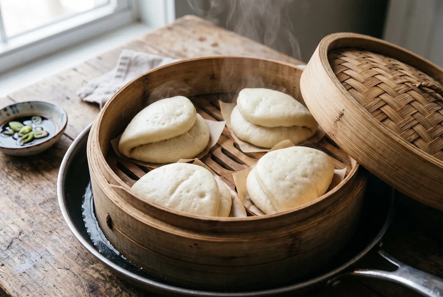 Pale puffed steamed bao buns inside a bamboo basket set over a pan, lined with parchment, lid ajar and steam rising, a small dish of sauce beside them