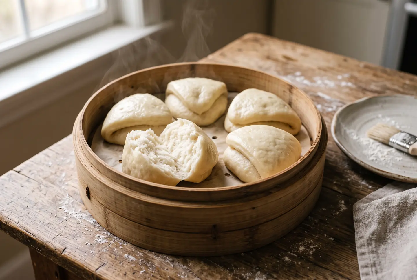 White steamed buns resting in a bamboo basket on a wooden worktop, threads of steam rising; one is pulled open to show a soft, pale, fluffy interior, with a plate, a pastry brush and a dusting of flour beside it.