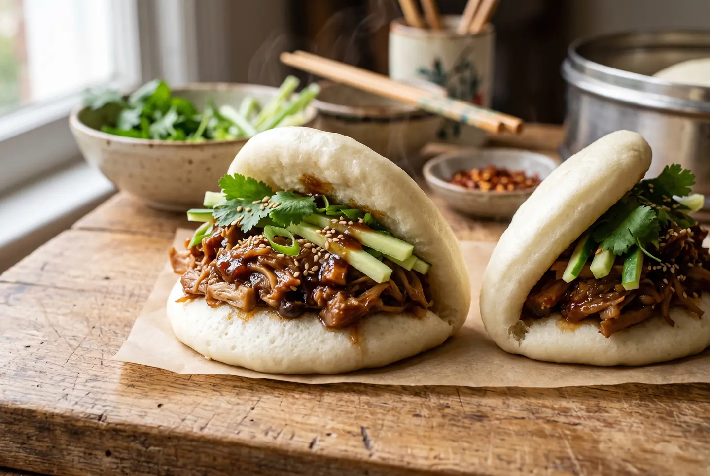 Two folded bao buns on a wooden board, filled with shredded mushroom and jackfruit in a glossy dark sauce, topped with cilantro, cucumber batons, spring onion and sesame seeds