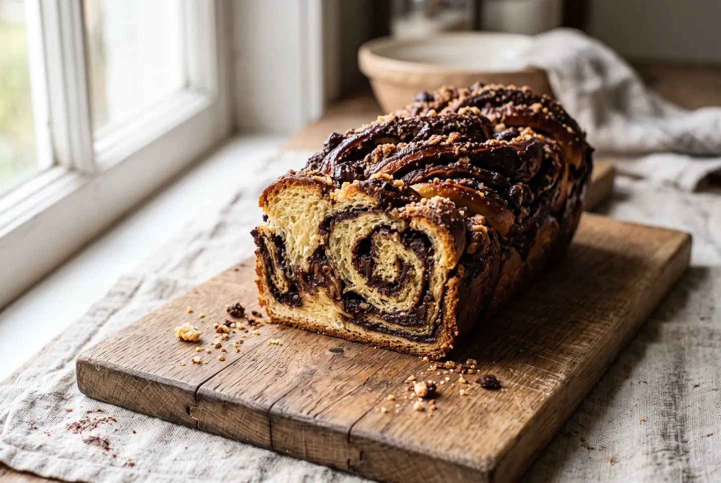 Sliced chocolate babka on a wooden board, showing the dark chocolate layers spiralled through the golden dough and the open twist on top
