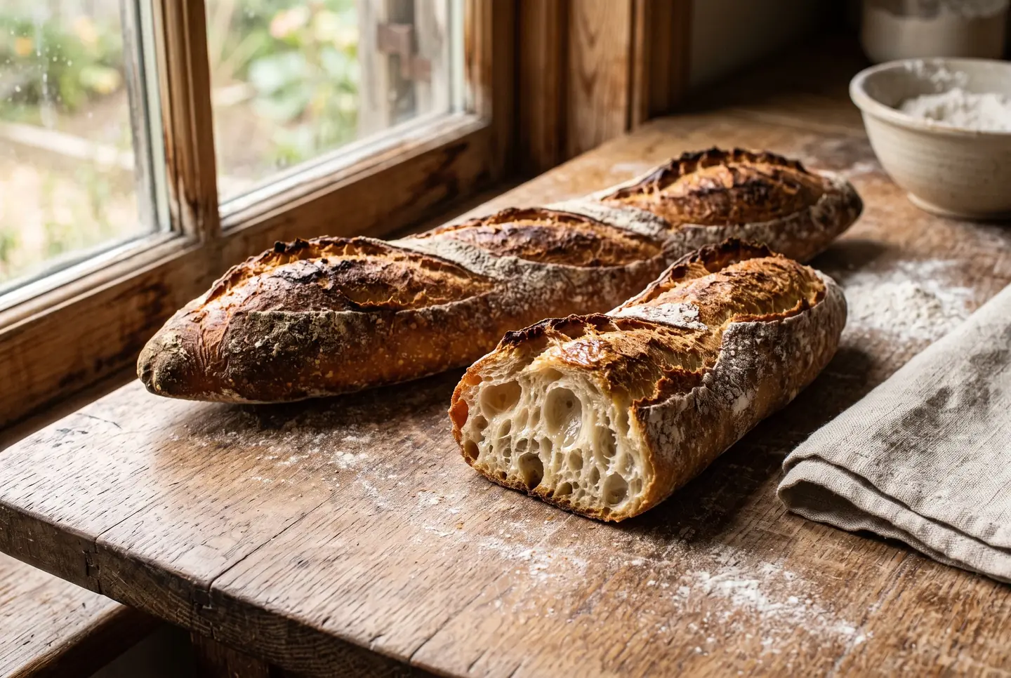 Freshly baked baguettes on a floured wooden counter, one broken open showing the cream-coloured crumb with irregular holes and the thin golden crust