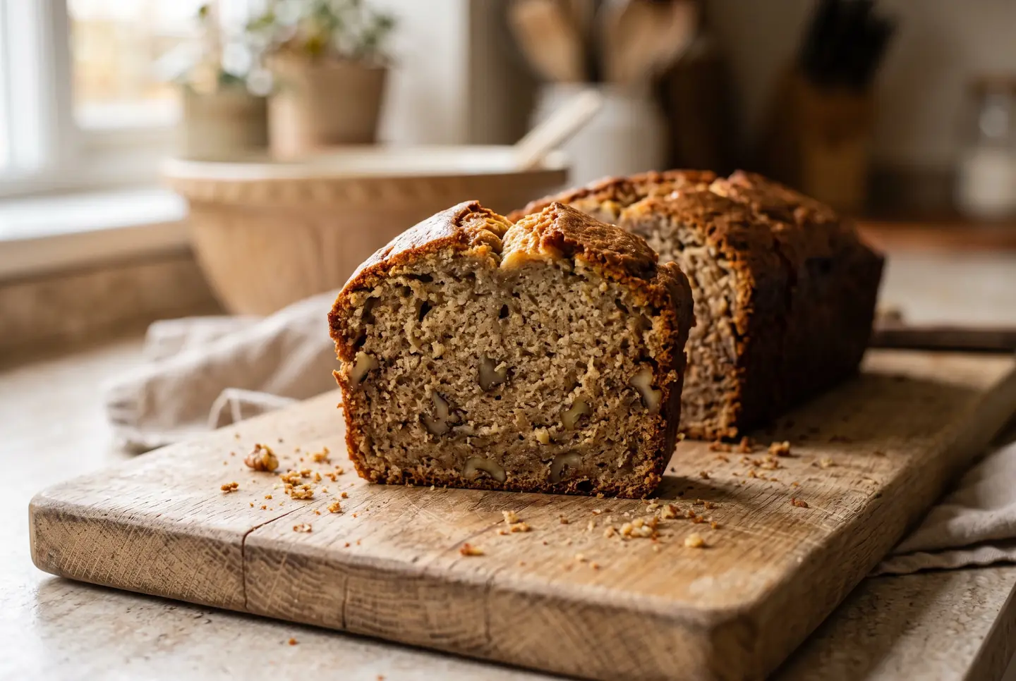 A thick slice of moist banana bread on a plate, showing a close, tender crumb and a domed top