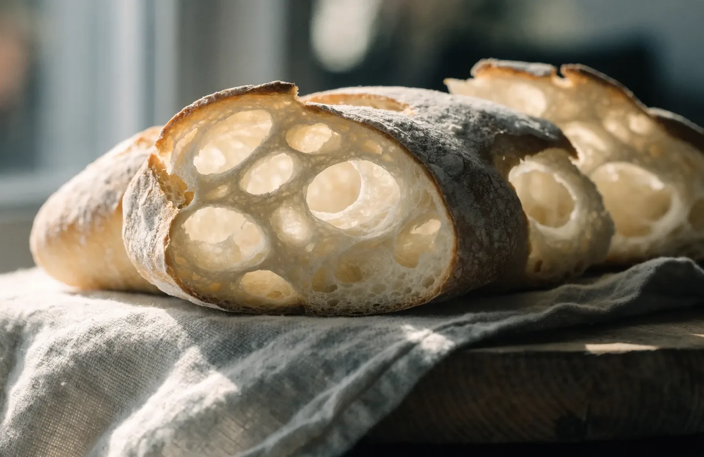 Ciabatta torn open on a linen cloth, showing a very open crumb with large glossy holes and a thin crust