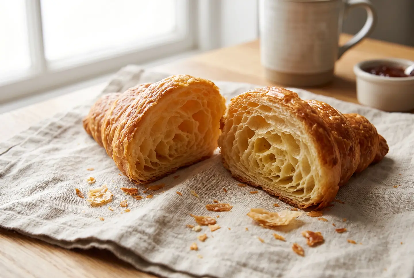 Croissant broken open on a linen cloth, showing a honeycomb of thin flaky layers inside and a glossy hazelnut-coloured crust