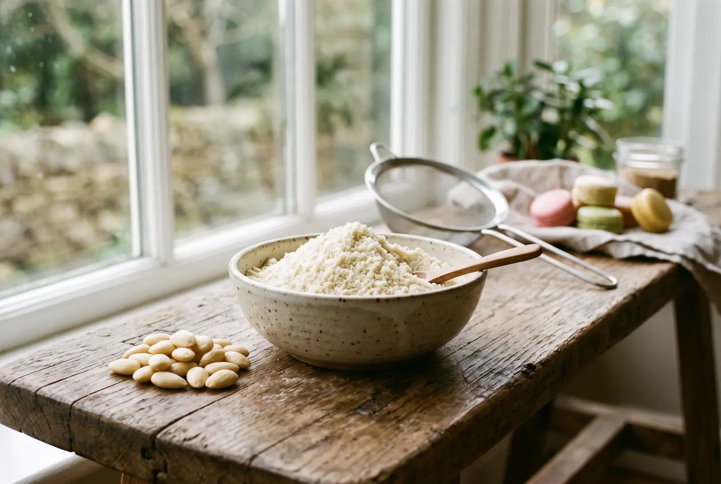 Bowl of pale, fine almond flour beside whole blanched almonds on a wooden bench, with a sieve and macarons in the background