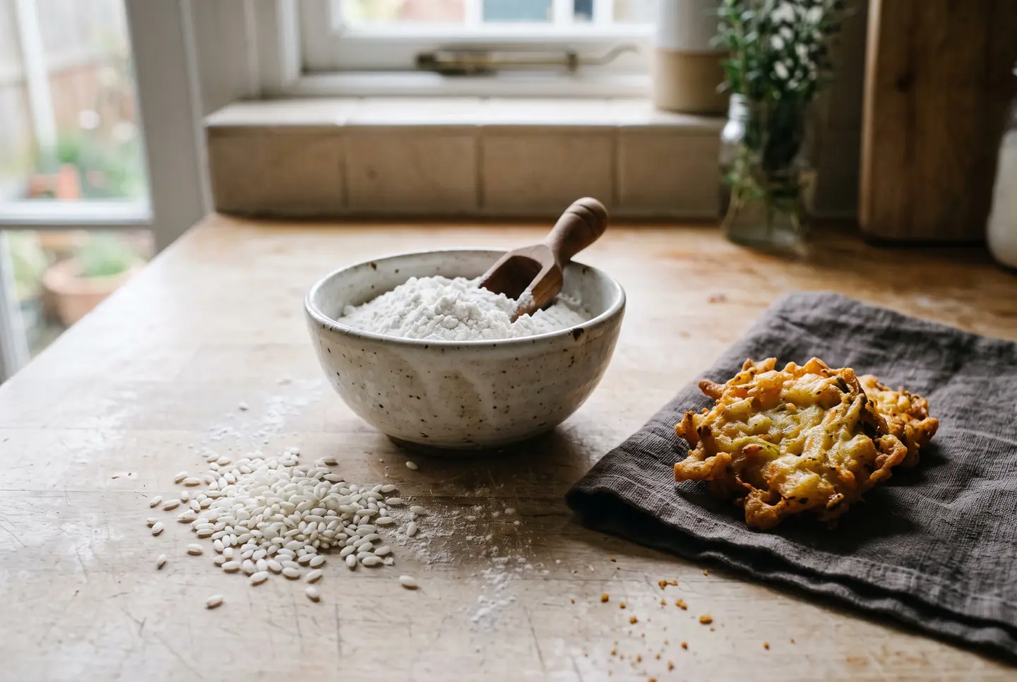 Bowl of fine white rice flour on a pale counter, beside raw rice grains and a golden, crisp fried fritter