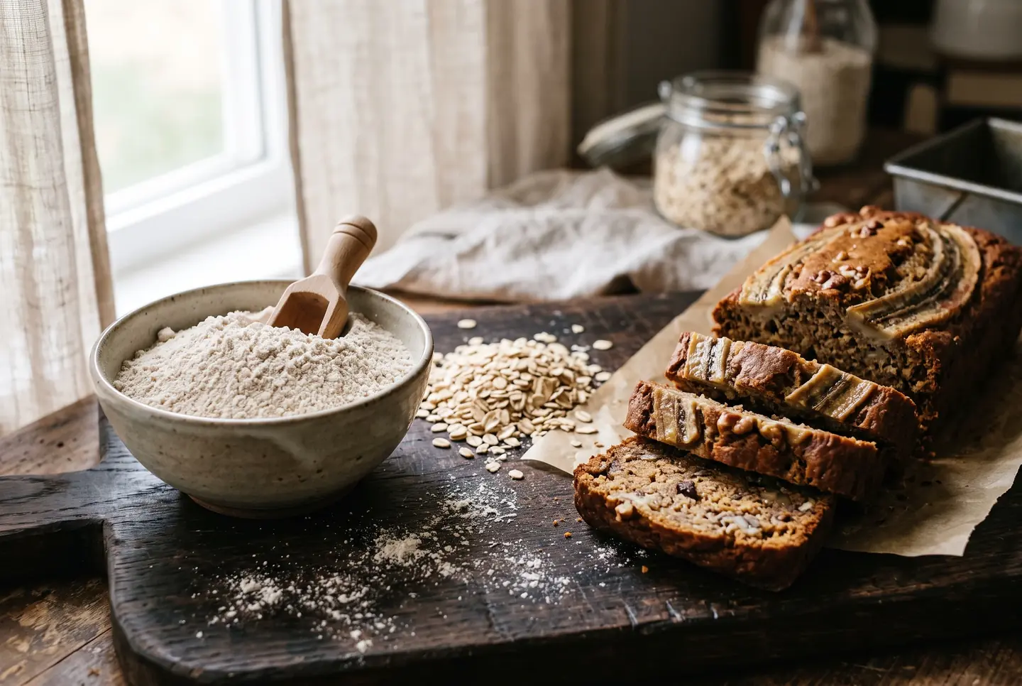 Bowl of finely milled oat flour next to rolled oats and a sliced banana bread on a dark board