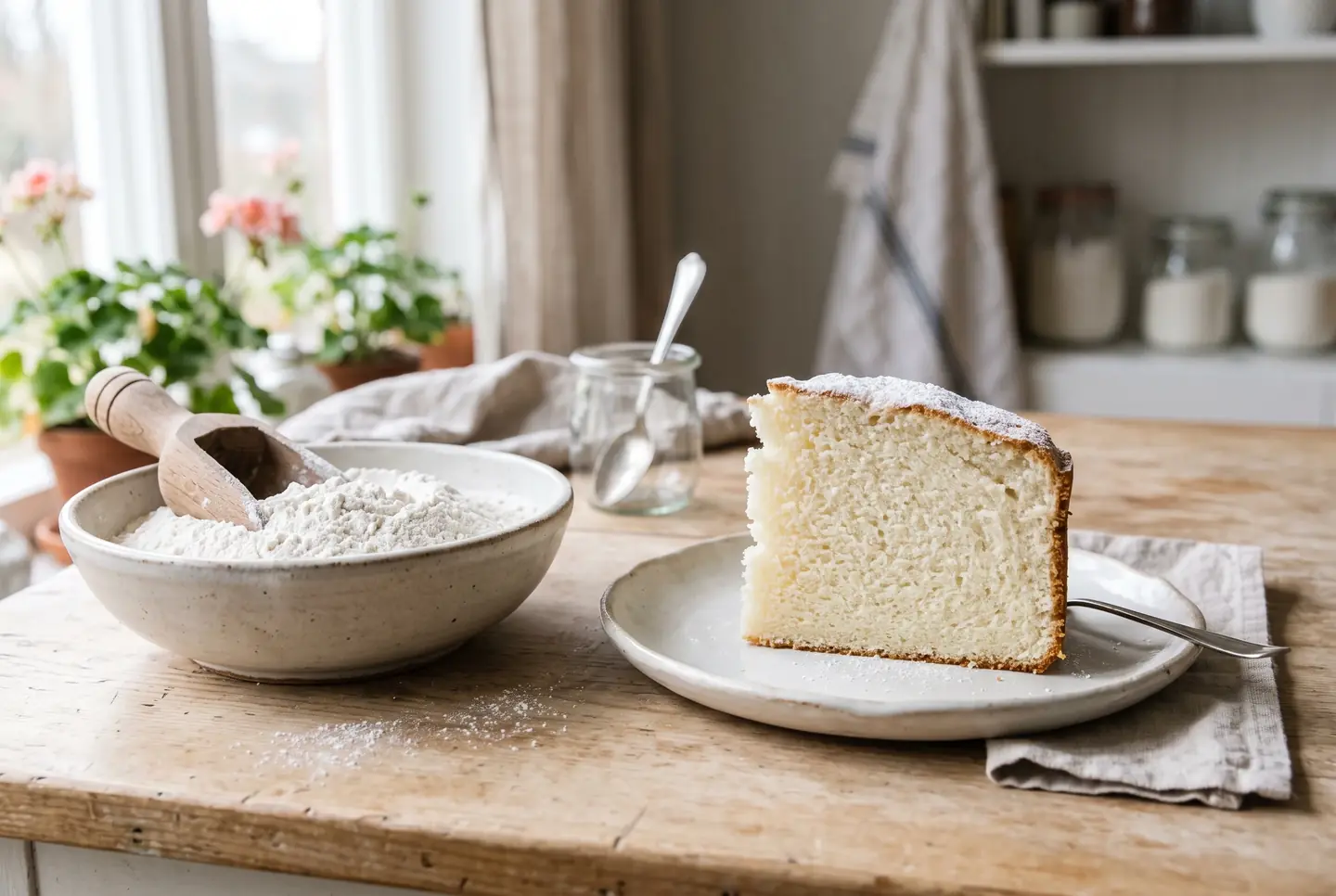 Tall slice of fluffy white cake on a pale plate, showing a fine even crumb, next to a bowl of sifted cake flour