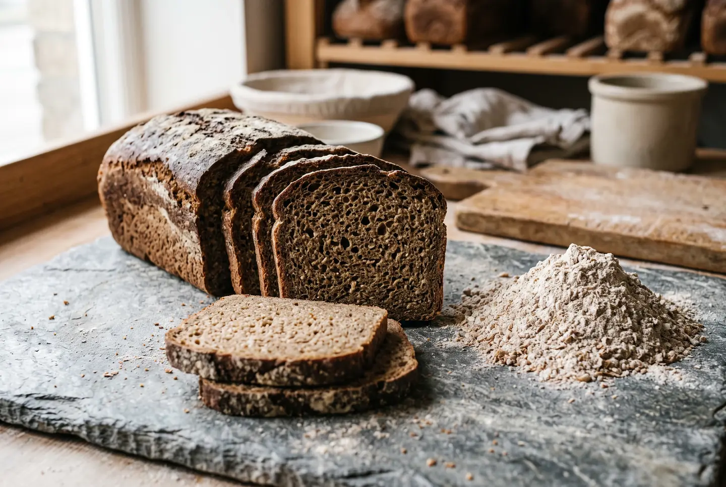 Dark rye tin loaf sliced on grey stone, showing a tight moist crumb, next to a mound of medium rye flour with bran flecks