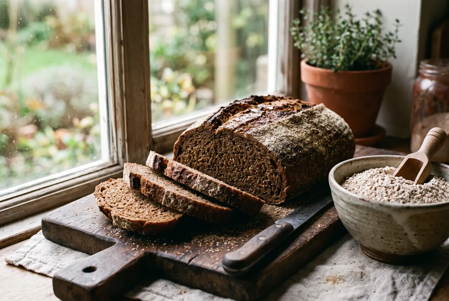Wheat loaf made with barley flour, sliced on a dark board, showing a dark dense crumb, next to a bowl of wholegrain barley flour