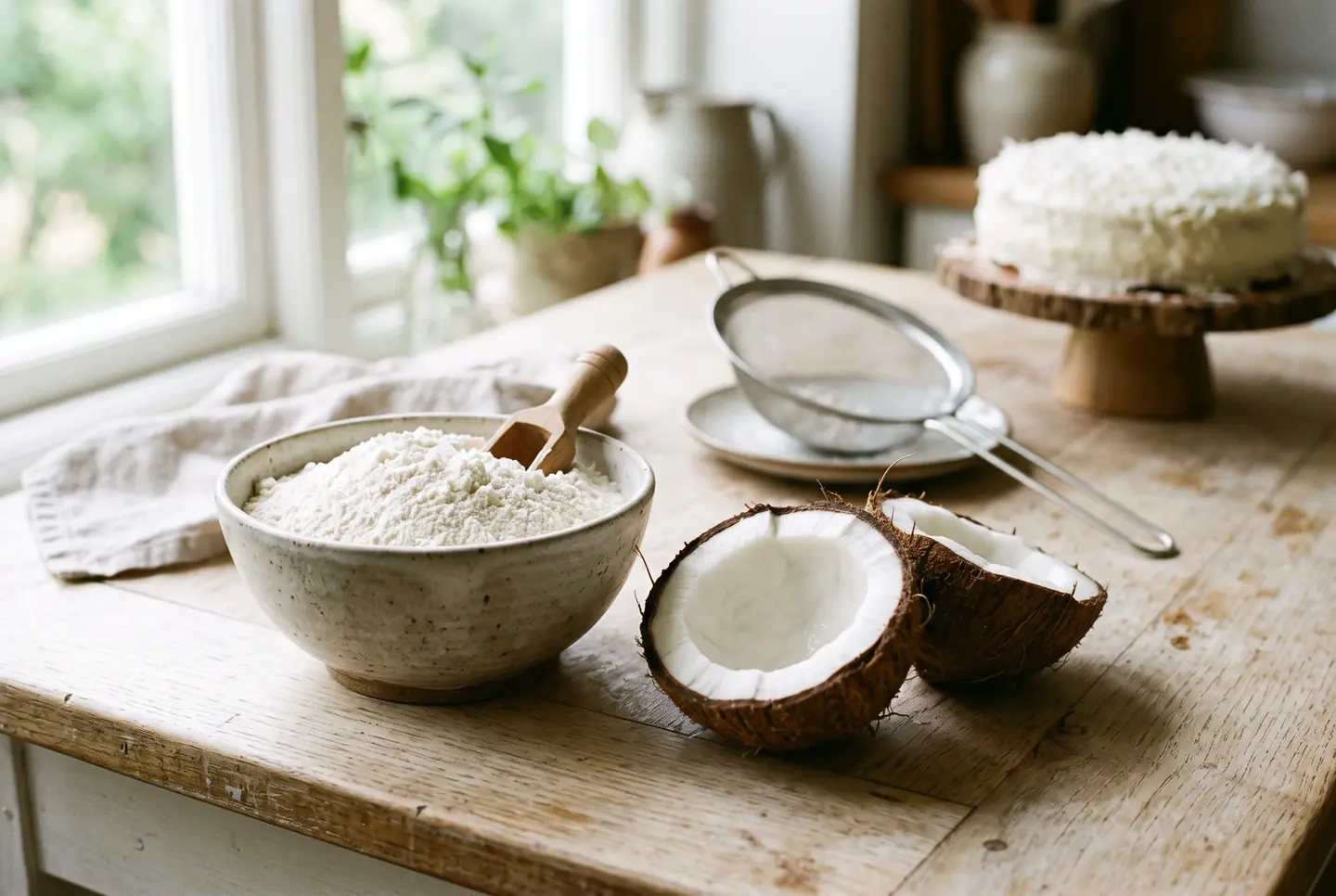 Bowl of fine white coconut flour beside halves of fresh coconut on a pale bench, with a sieve and a dense cake in the background