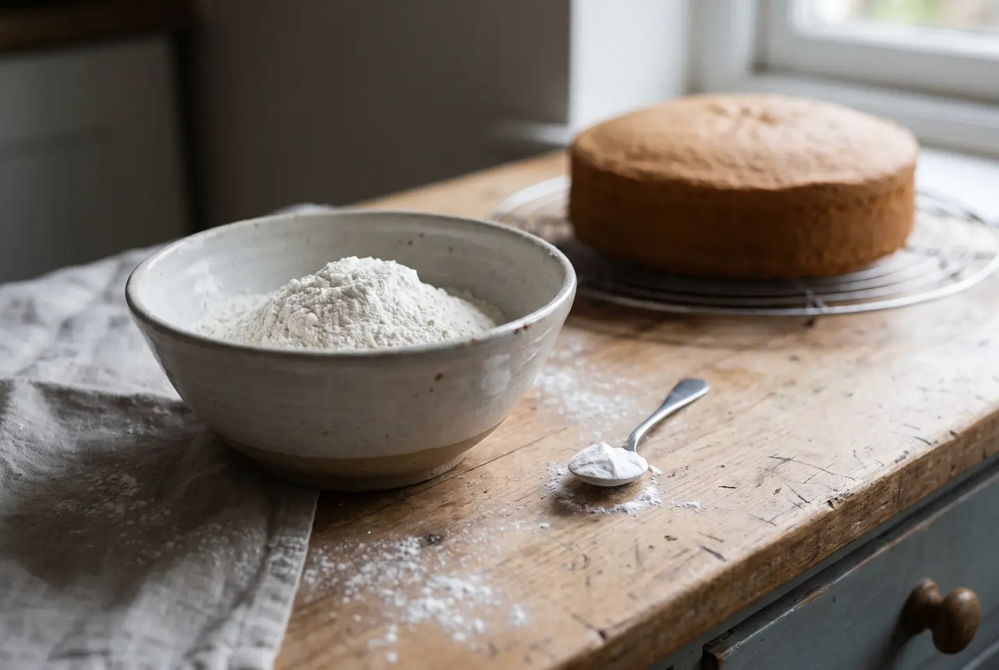 Bowl of fine white flour on a wooden counter, a spoon of baking powder beside it and a plain sponge cake behind