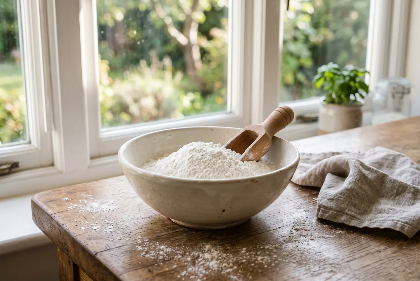 Ceramic bowl of fine white all-purpose wheat flour on a light wooden kitchen counter, with a scattering of flour beside it