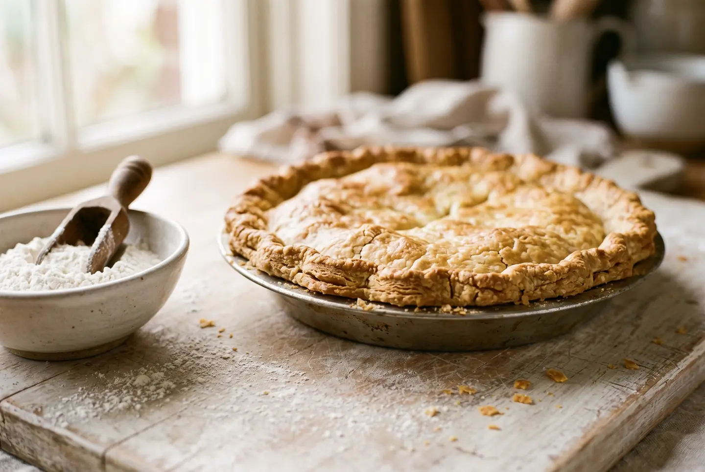 Golden, flaky pie crust on a pale board, next to a bowl of sifted pastry flour