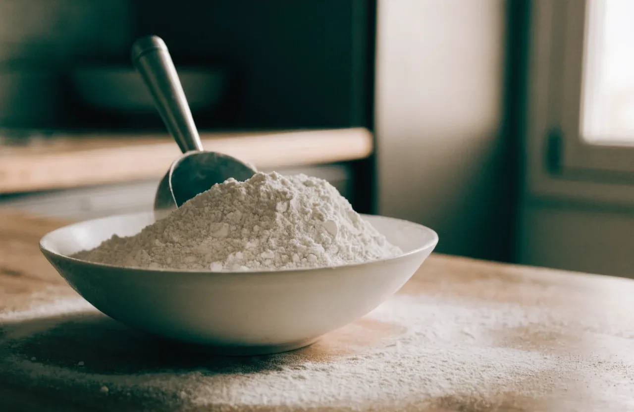 Ceramic bowl filled with fine white bread flour on a wooden kitchen counter, with a light dusting of flour beside it