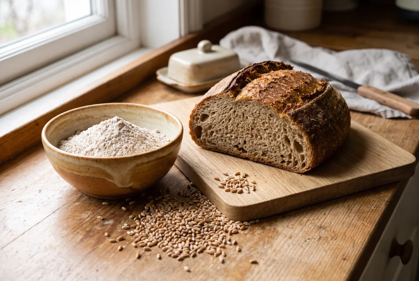 Bowl of stone-ground emmer flour on a wooden counter, warm tan and cream in the light