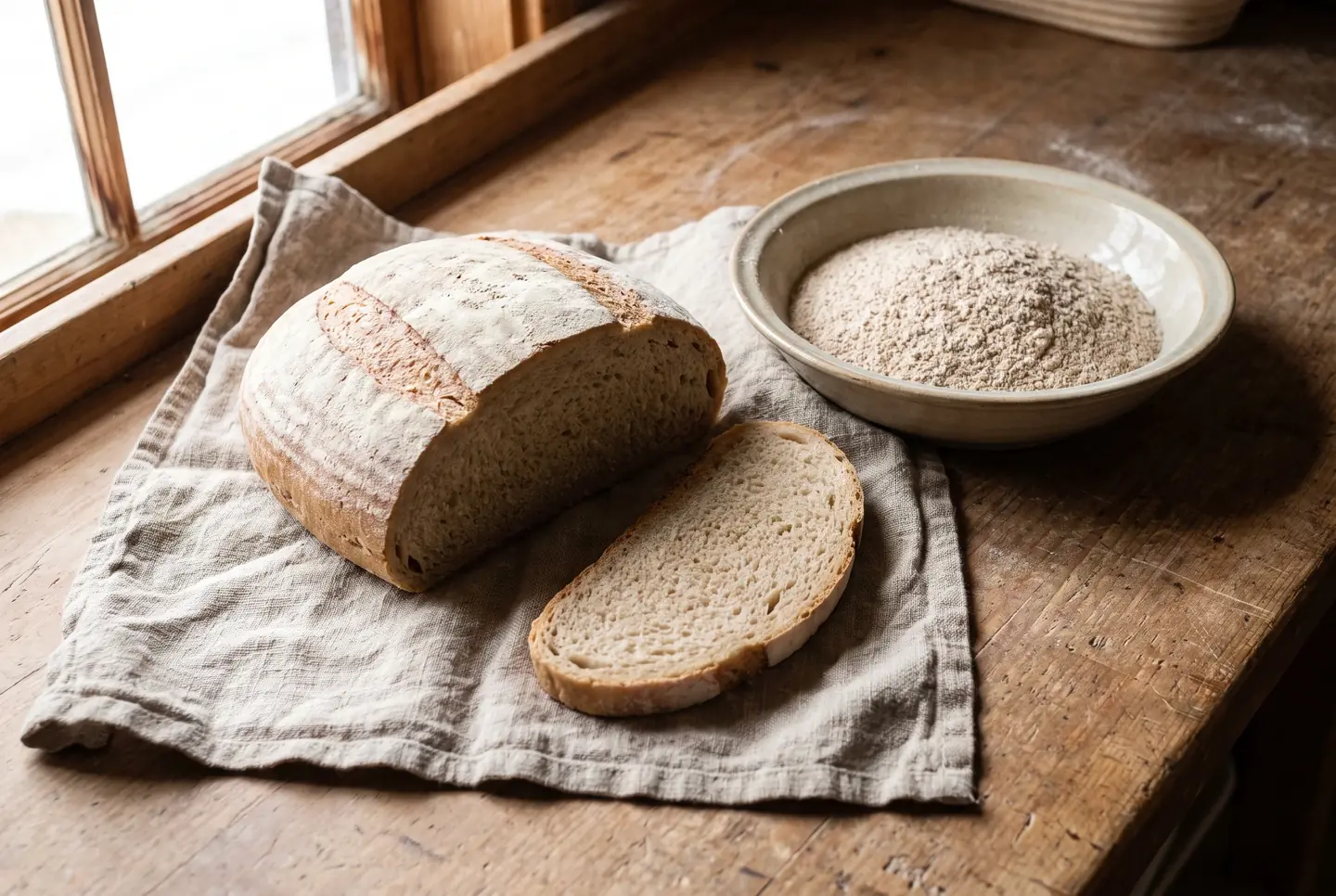 Oval spelt loaf with a pale crust on linen cloth, one slice cut showing a soft close crumb, next to a dish of beige spelt flour