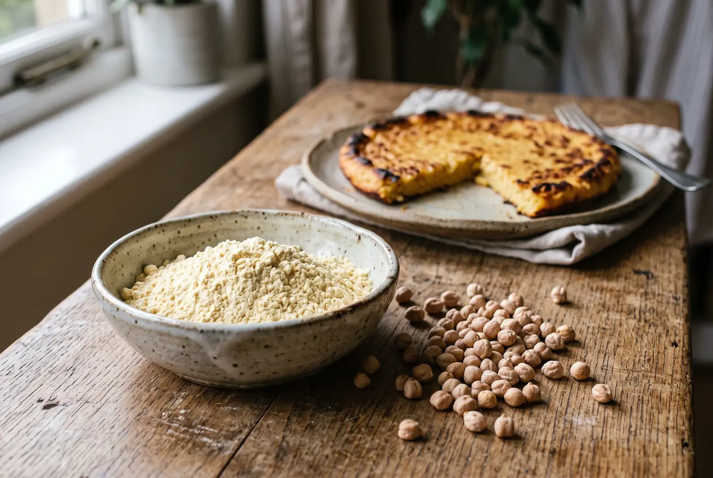 Bowl of pale yellow chickpea flour beside dried chickpeas on a wooden bench, with a golden socca cut open in the background