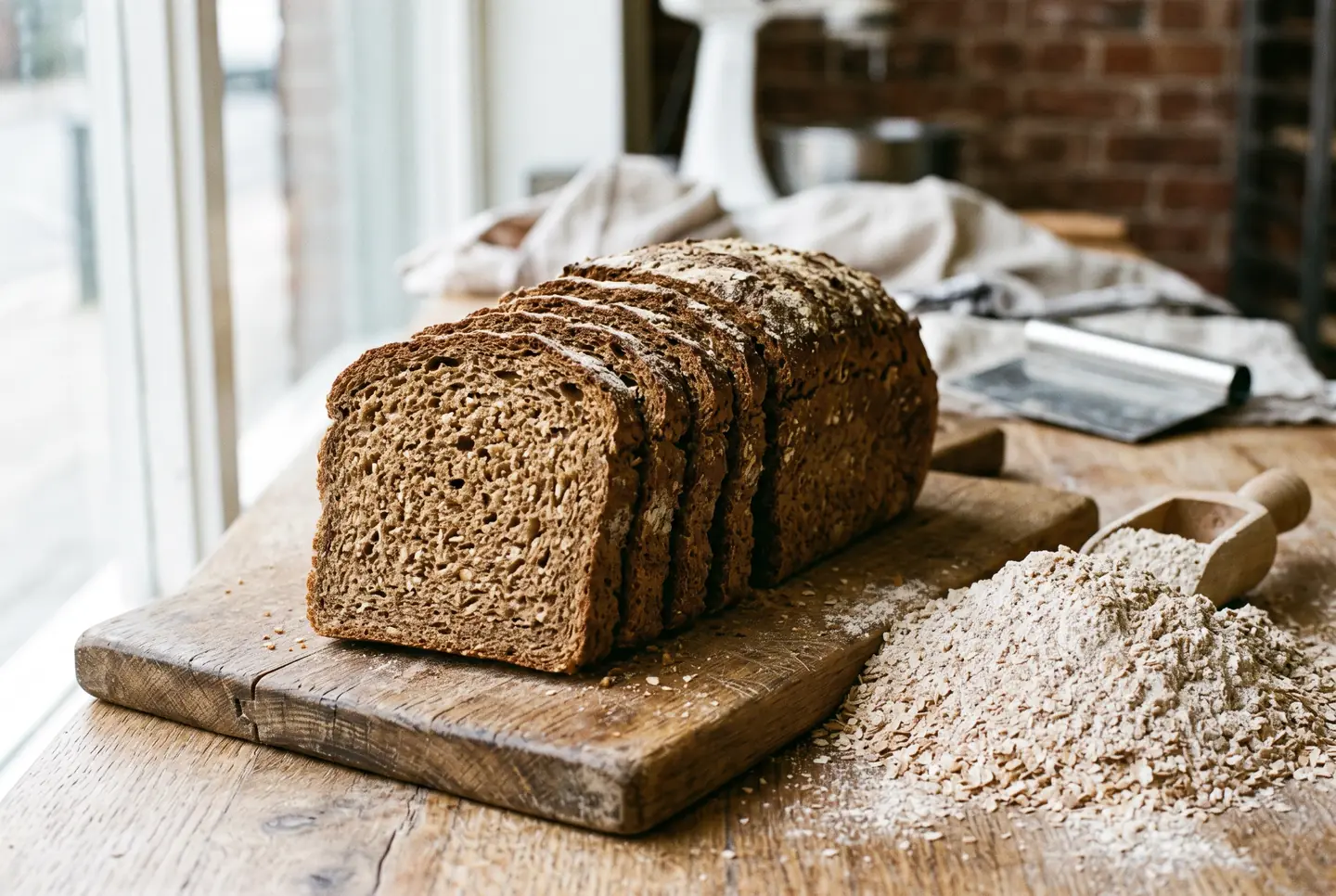 100% whole wheat tin loaf sliced on a wooden board, close brown crumb flecked with bran, next to stone-ground wholemeal flour