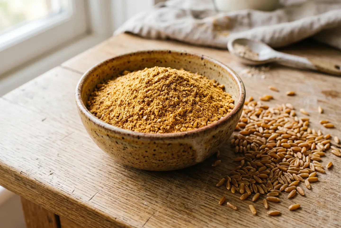 Bowl of stone-ground khorasan flour on a wooden counter, deep golden and warm in the light