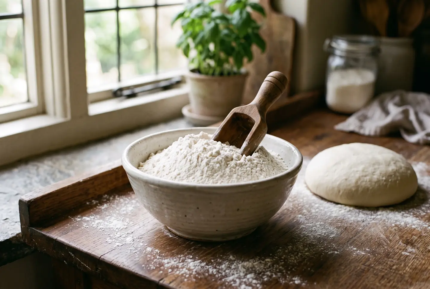 Ceramic bowl of fine white flour with a wooden scoop, a ball of pizza dough resting beside it on the floured counter
