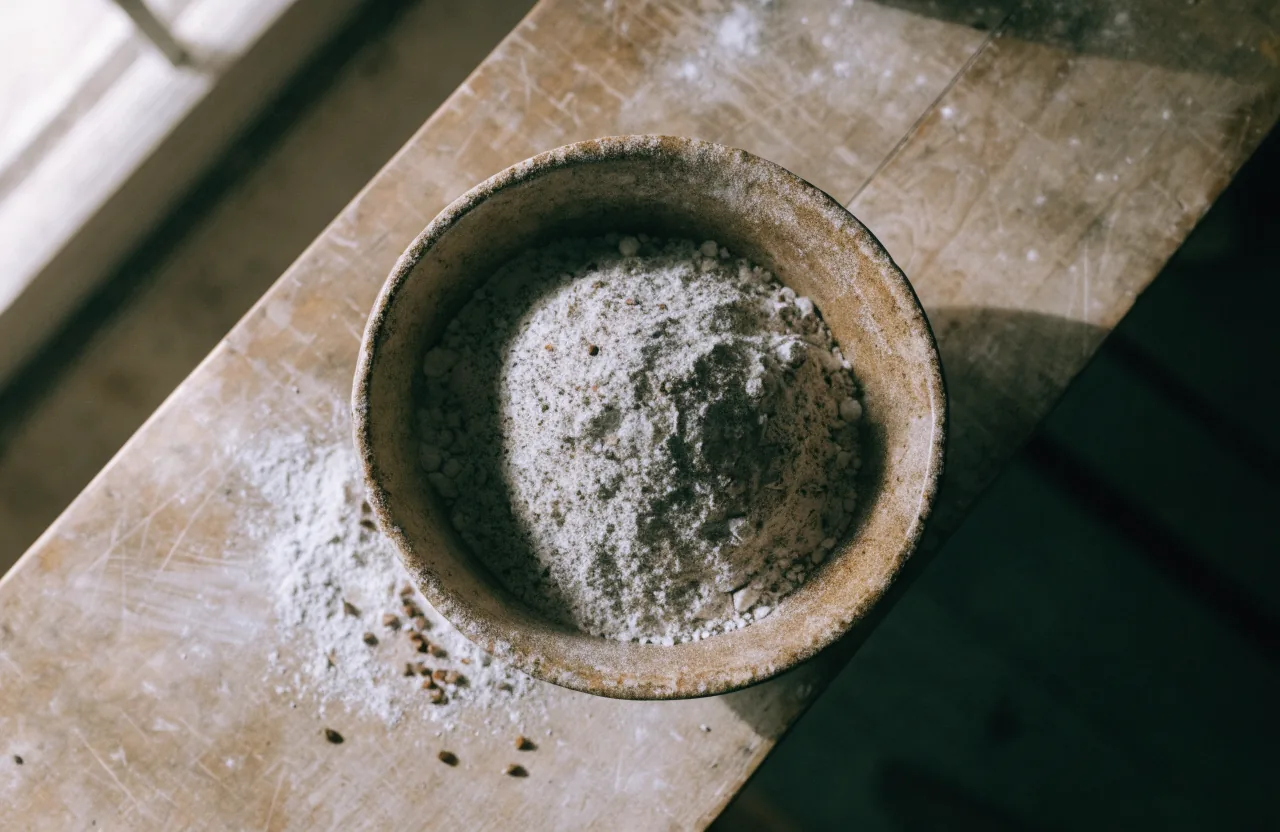 Bowl of greyish buckwheat flour flecked with dark hull specks, on a wooden counter