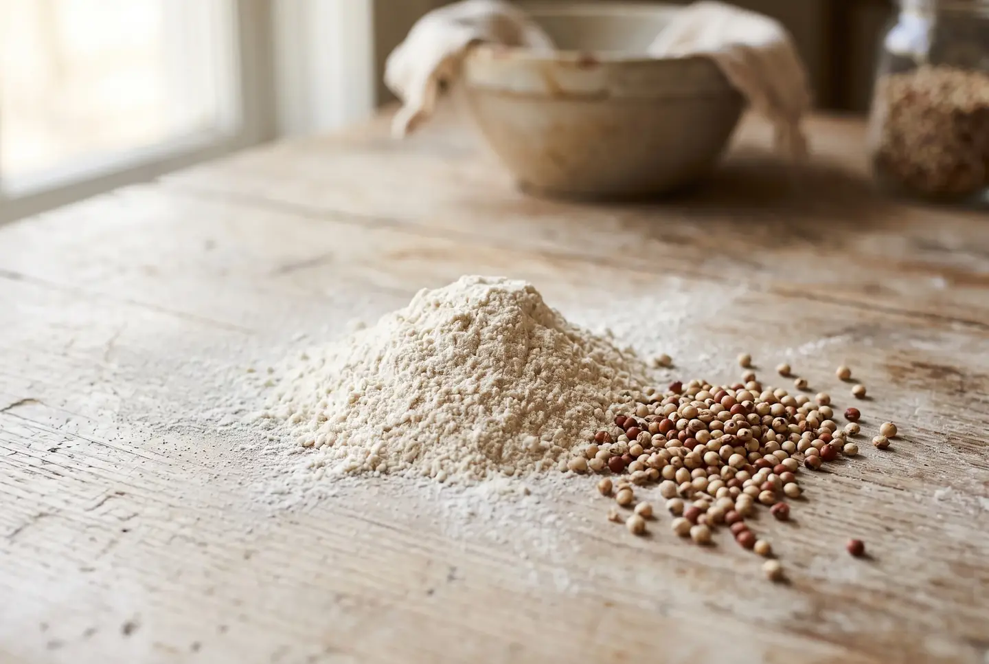 Mound of pale sorghum flour on a wooden counter, round sorghum grains scattered beside it and a blurred wooden bowl in the background, in window light