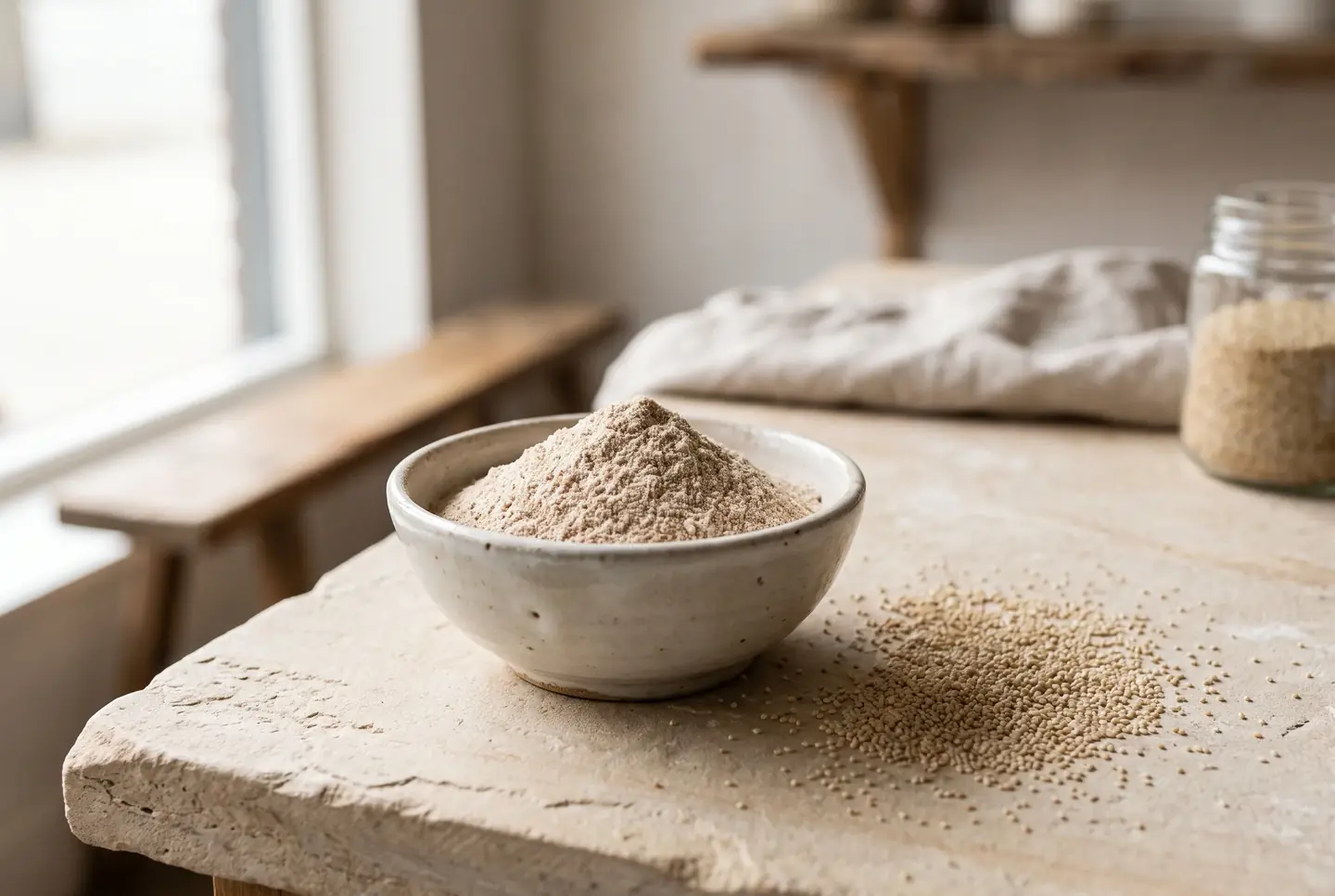 Ceramic bowl of light brown teff flour on a pale stone counter, with tiny teff grains scattered beside it, in window light